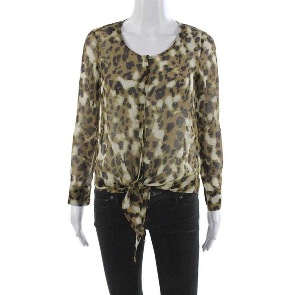 Broadway & Broome Womens Cropped Silk Animal Print Blouse Long Sleeve Size XS